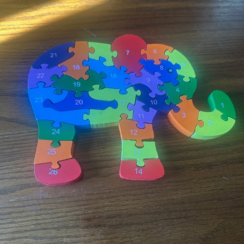 Wooden Elephant Alphabet and Number Puzzle 26 Piece Double Sided Learning Toy